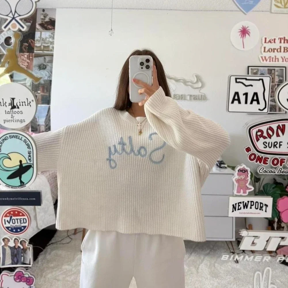 cream and sky blue knitted beachy sweater 